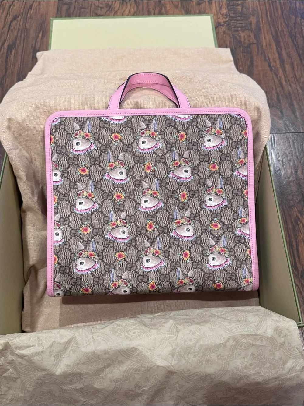 Authentic Gucci x Yuko Higuchi Children’s GG Supreme Rabbit Tote Bag Pink 605614